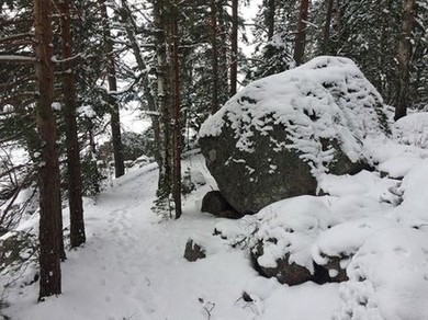 Финская усадьба рубежа XIX - XX веков. Гранитная набережная, укрытая снегом