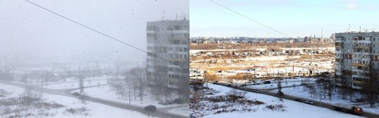 Сильный снегопад в Омске. Фотографии одной и той же местности позавчера и вчера