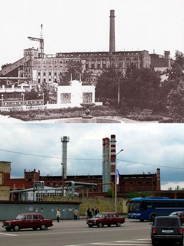 Шебекинский химический завод, построенный вгодах, за последние десятилетия оброс новыми трубами, но лишился элеватора (слева) и шикарных зелных зарослей по периметру (справа). Источник - БелПресса -